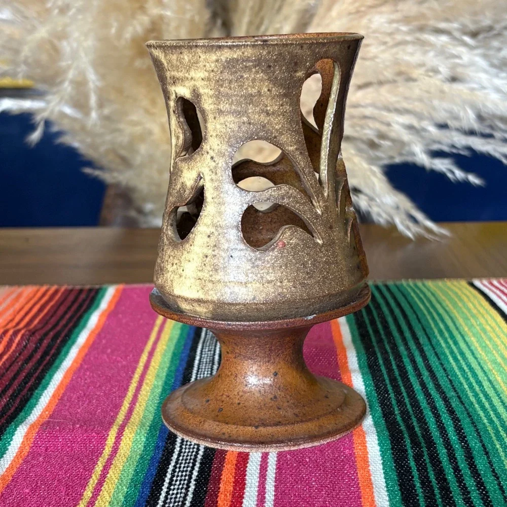 Studio Pottery Cutout Candle Holder Earthy Brown Stoneware Pedestal Votive